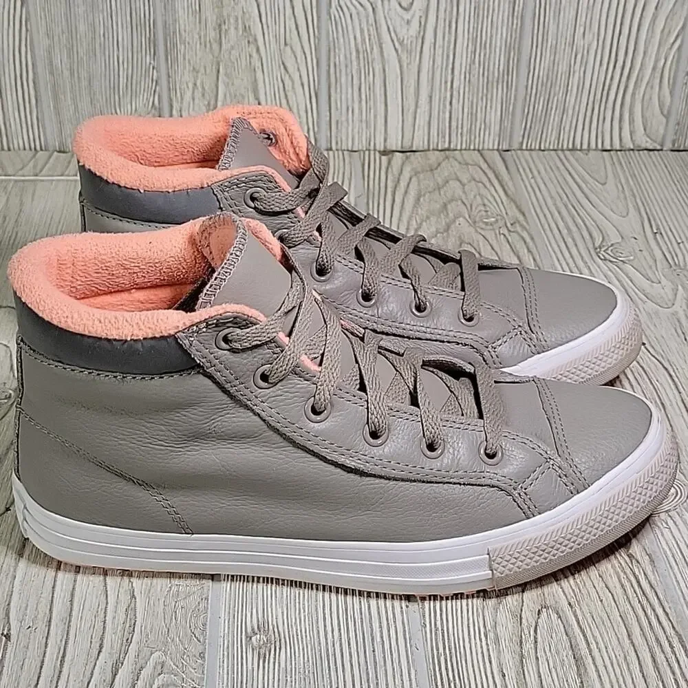 Converse Grey Leather High Top Sneakers Coral Pink Terry Lining Juniors Size 6